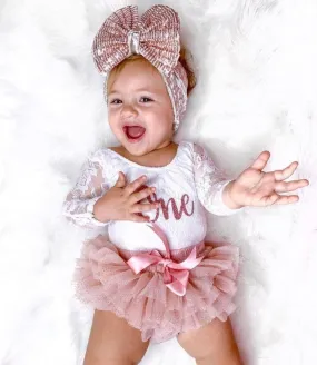 BEST SELLER- 1St Birthday White Lace Leo Sets with Rose One
