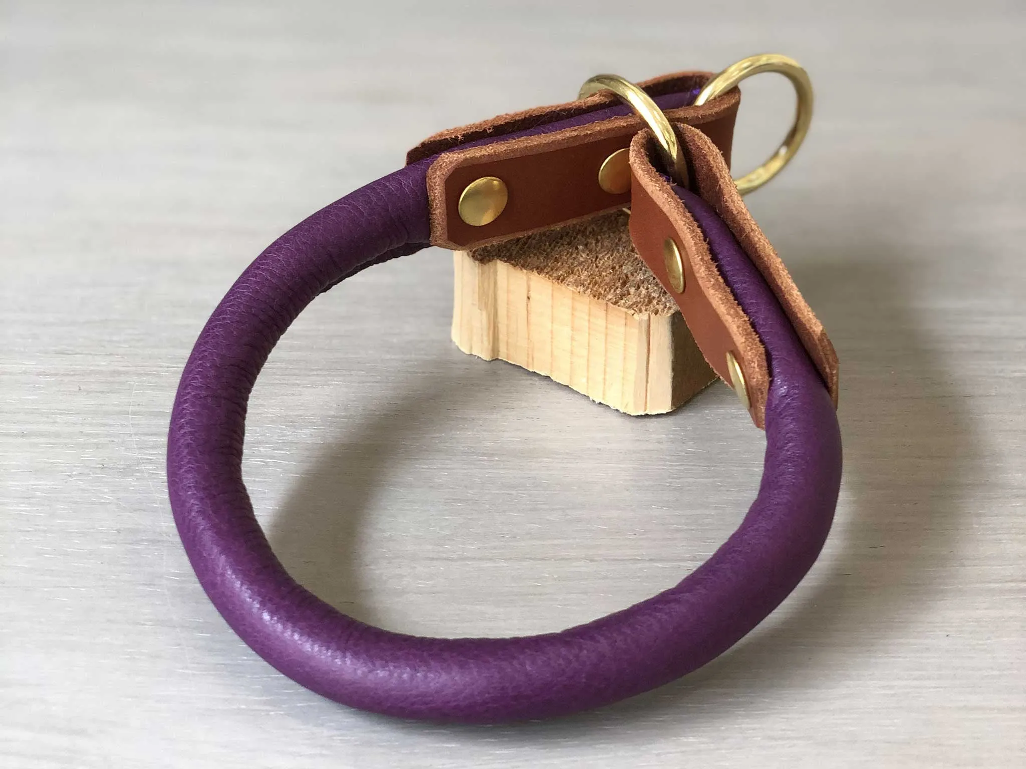 Bicolored Rolled Leather Slip On Dog Collar with Solid Brass Hardware