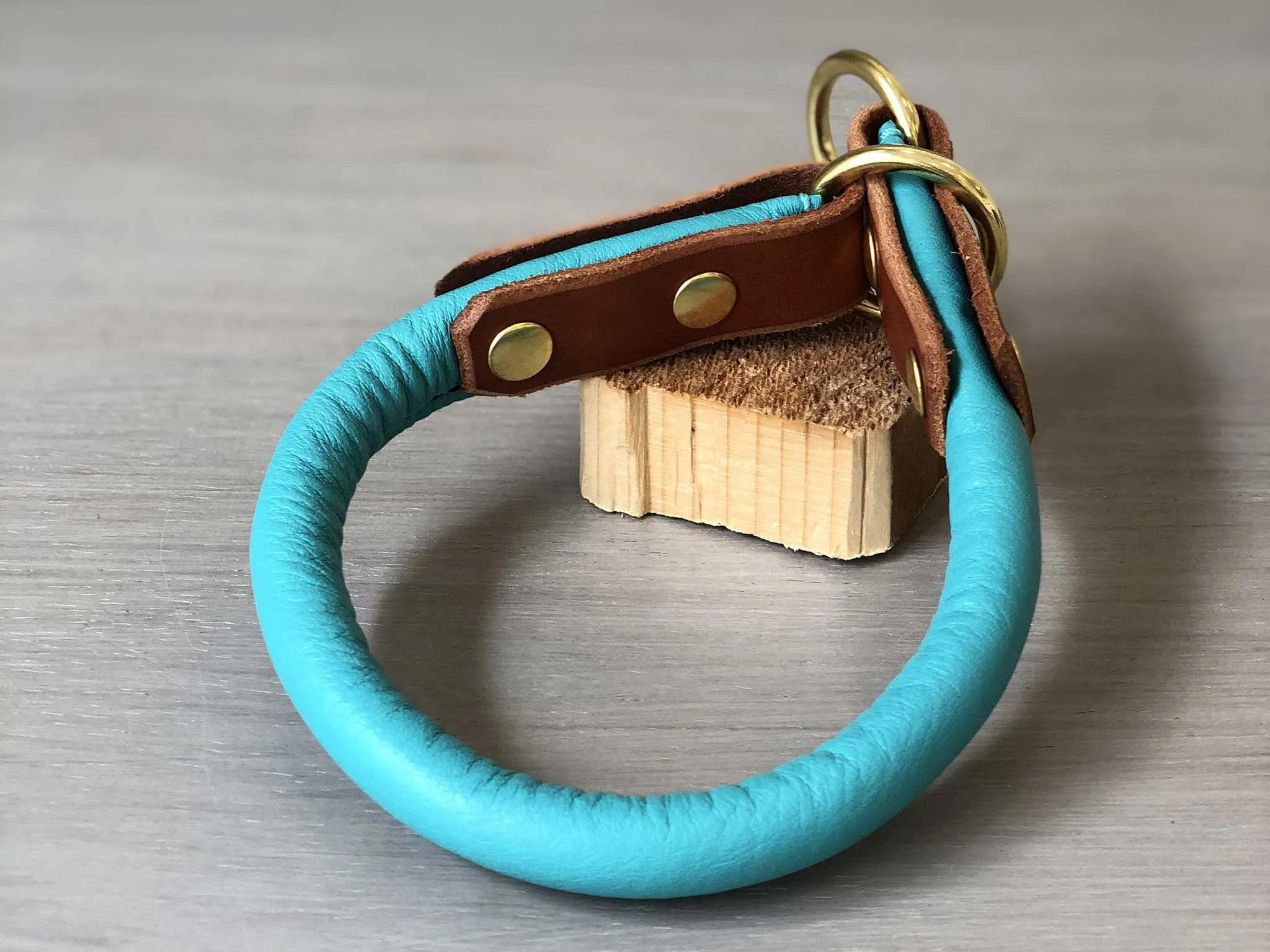 Bicolored Rolled Leather Slip On Dog Collar with Solid Brass Hardware
