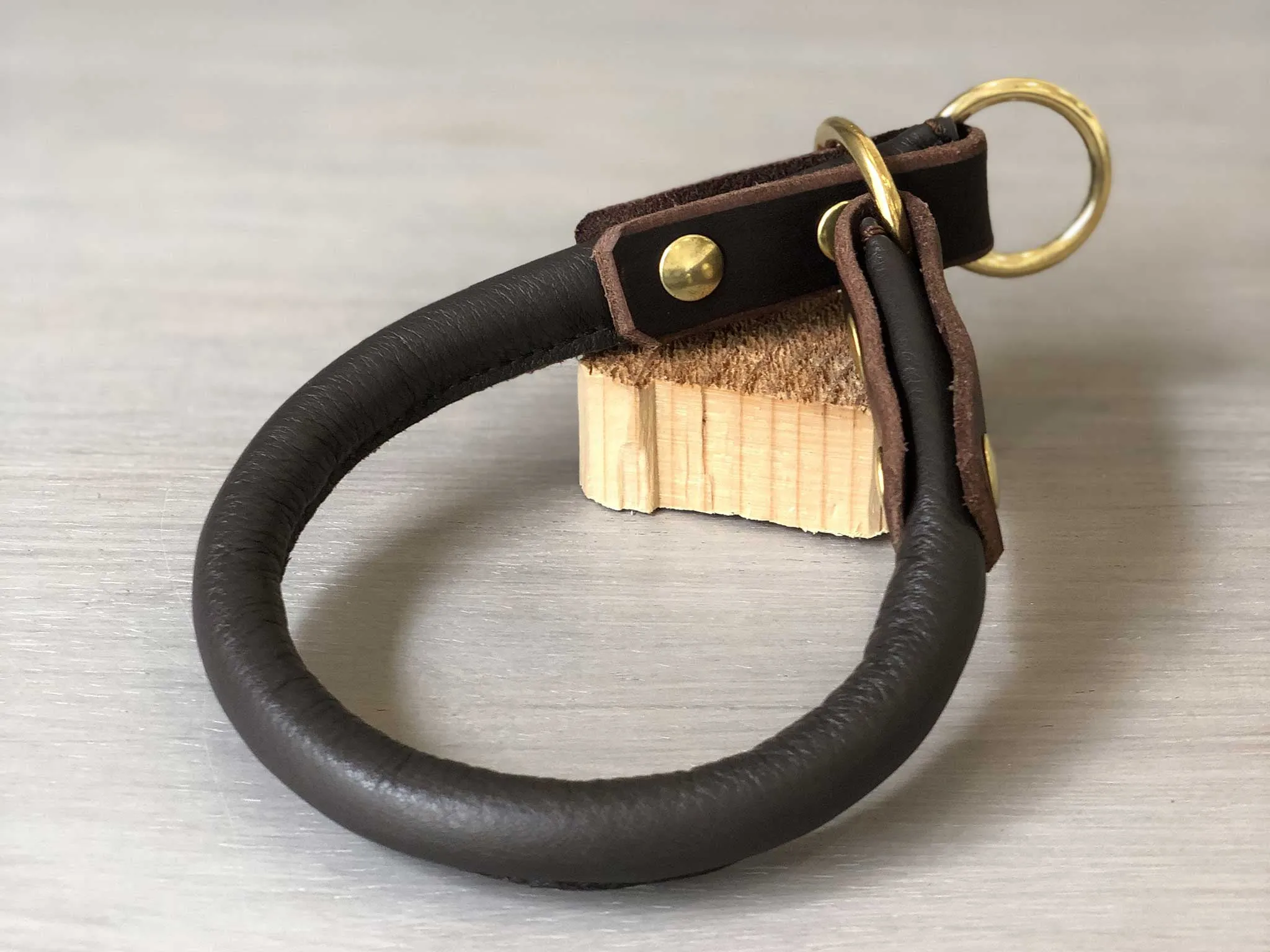 Bicolored Rolled Leather Slip On Dog Collar with Solid Brass Hardware