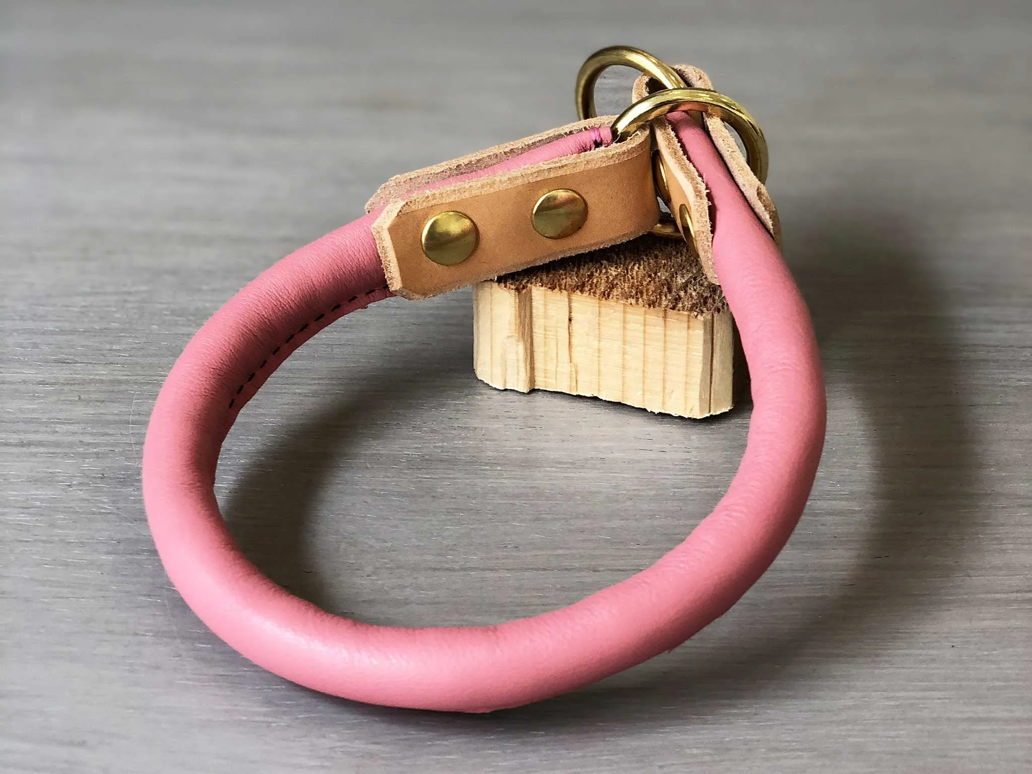Bicolored Rolled Leather Slip On Dog Collar with Solid Brass Hardware