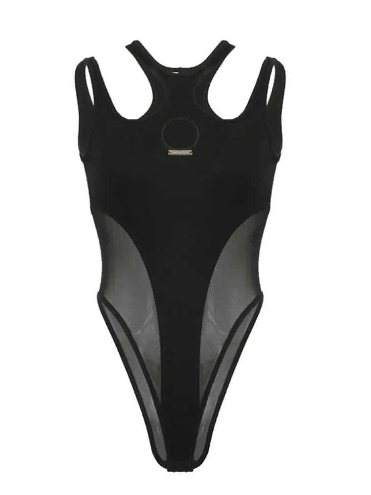 Black Mesh Skinny Hollow Out Bodysuit