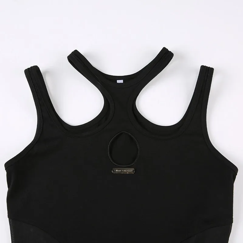 Black Mesh Skinny Hollow Out Bodysuit