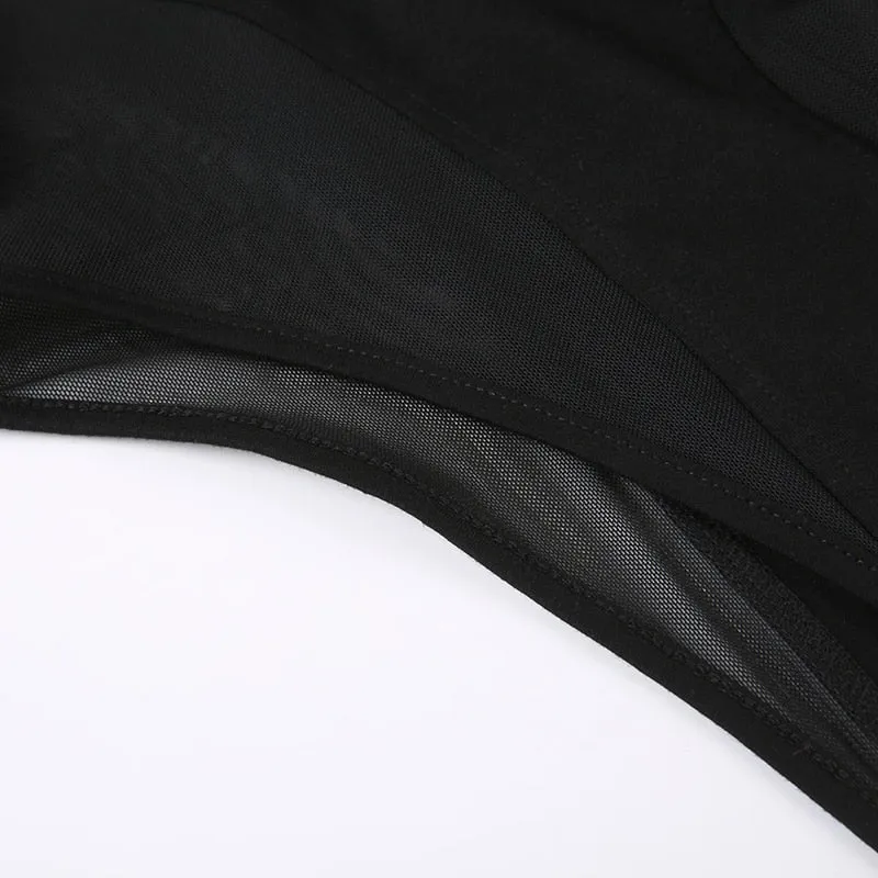 Black Mesh Skinny Hollow Out Bodysuit