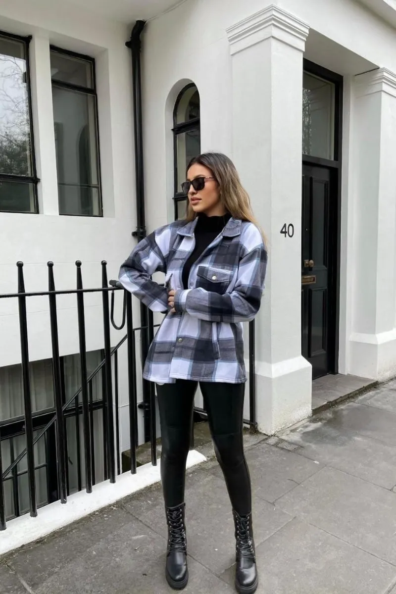 Black Oversized Checked Pocket Detail Shacket