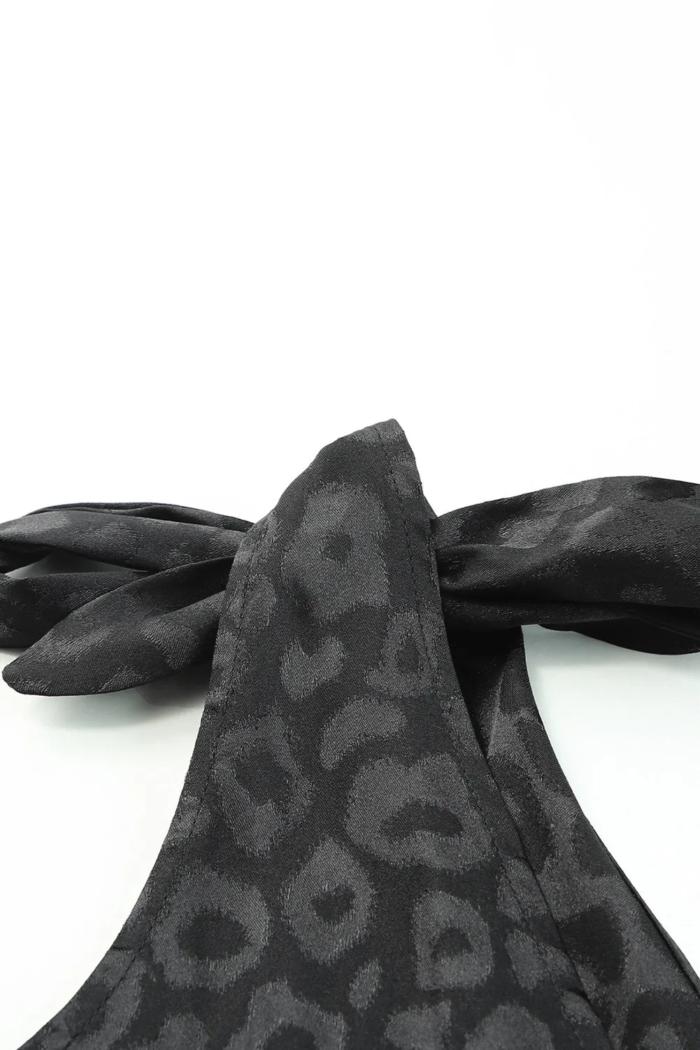 Black Satin Leopard Print Tie Shoulder V Neck Bodysuit