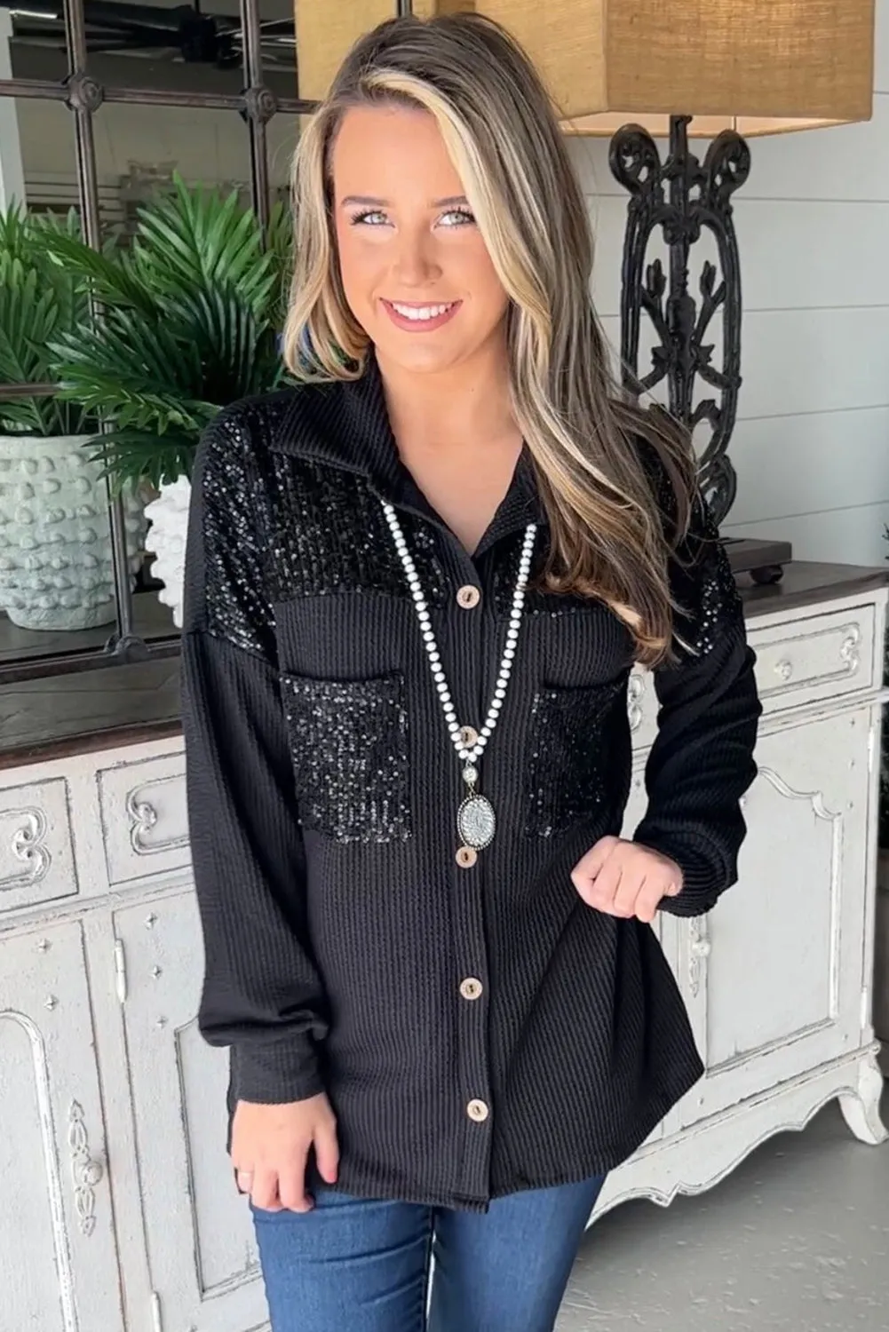 Black Sequin Patch Chest Pocket Corded Shacket