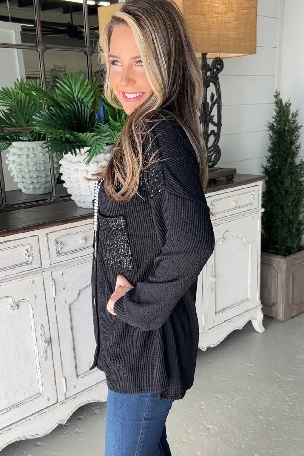 Black Sequin Patch Chest Pocket Corded Shacket