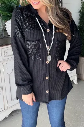Black Sequin Patch Chest Pocket Corded Shacket