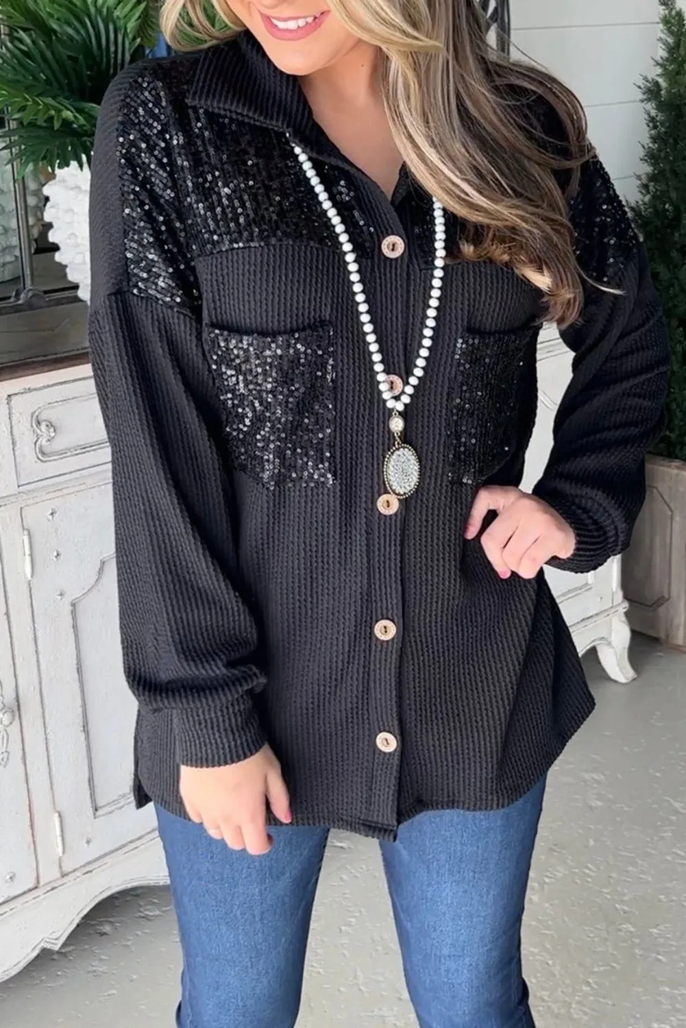 Black Sequin Patch Chest Pocket Corded Shacket