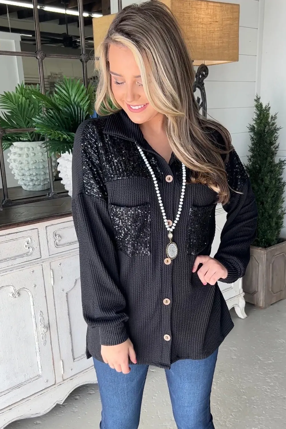 Black Sequin Patch Chest Pocket Corded Shacket