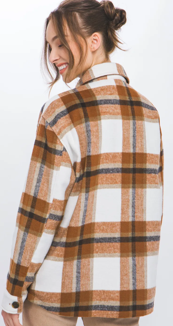 Brown Plaid Button Up  Flannel Shacket  - Slightly Generous