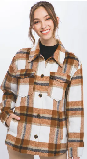 Brown Plaid Button Up  Flannel Shacket  - Slightly Generous
