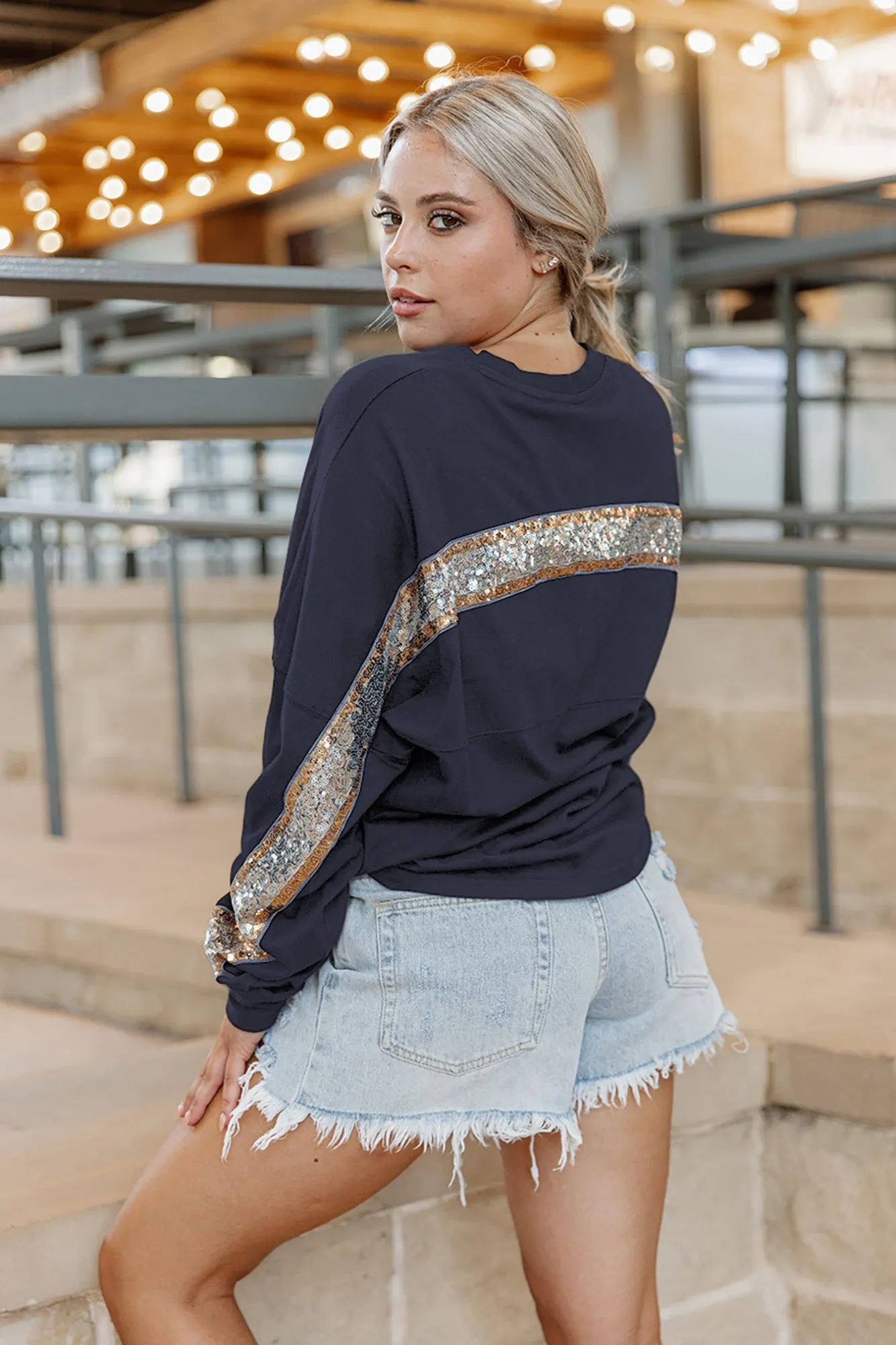 CHICAGO BEARS GAMEDAY GLITZ LONG SLEEVE TEE WITH SEQUIN TRIM BACK AND SLEEVE DETAIL