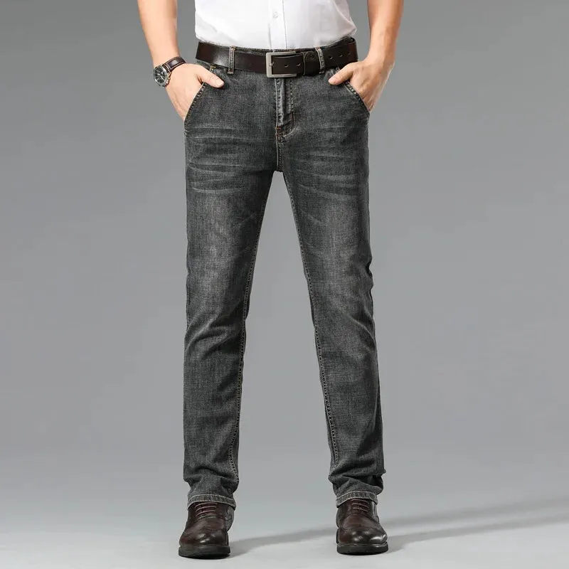 Classic Style Blue-grey Slim Jeans Elastic Regular Fit Denim Pants