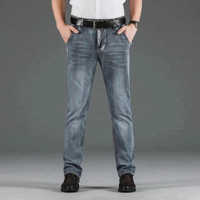 Classic Style Blue-grey Slim Jeans Elastic Regular Fit Denim Pants