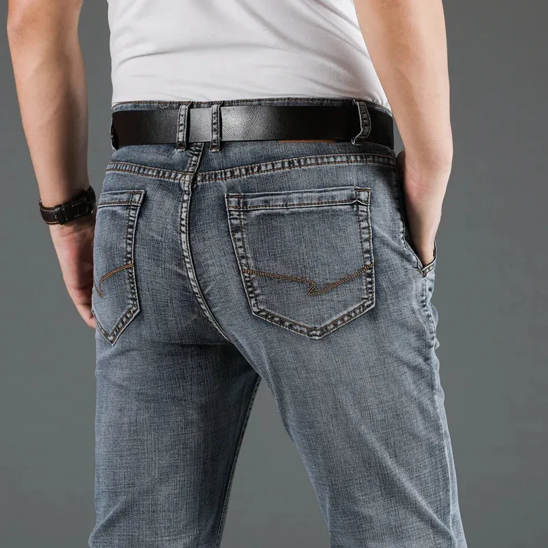Classic Style Blue-grey Slim Jeans Elastic Regular Fit Denim Pants