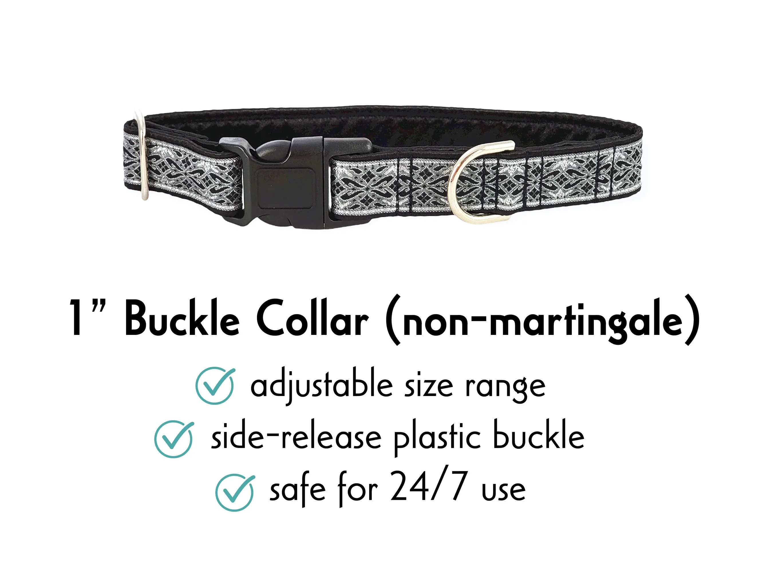 Clifden in Black & Silver - Martingale or Buckle Dog Collar - 1" Width