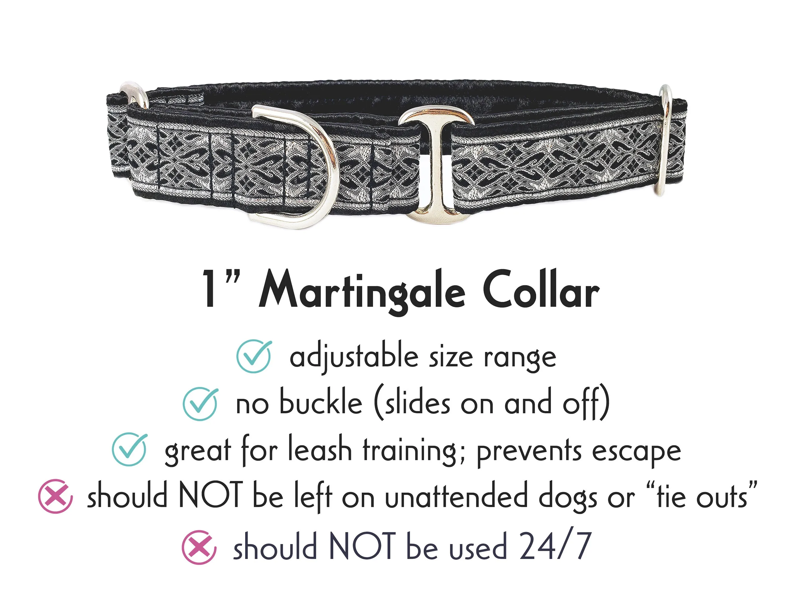 Clifden in Black & Silver - Martingale or Buckle Dog Collar - 1" Width