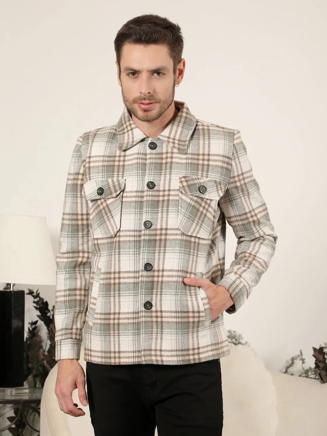 COBB BEIGE CHECKED COLLAR SHACKET
