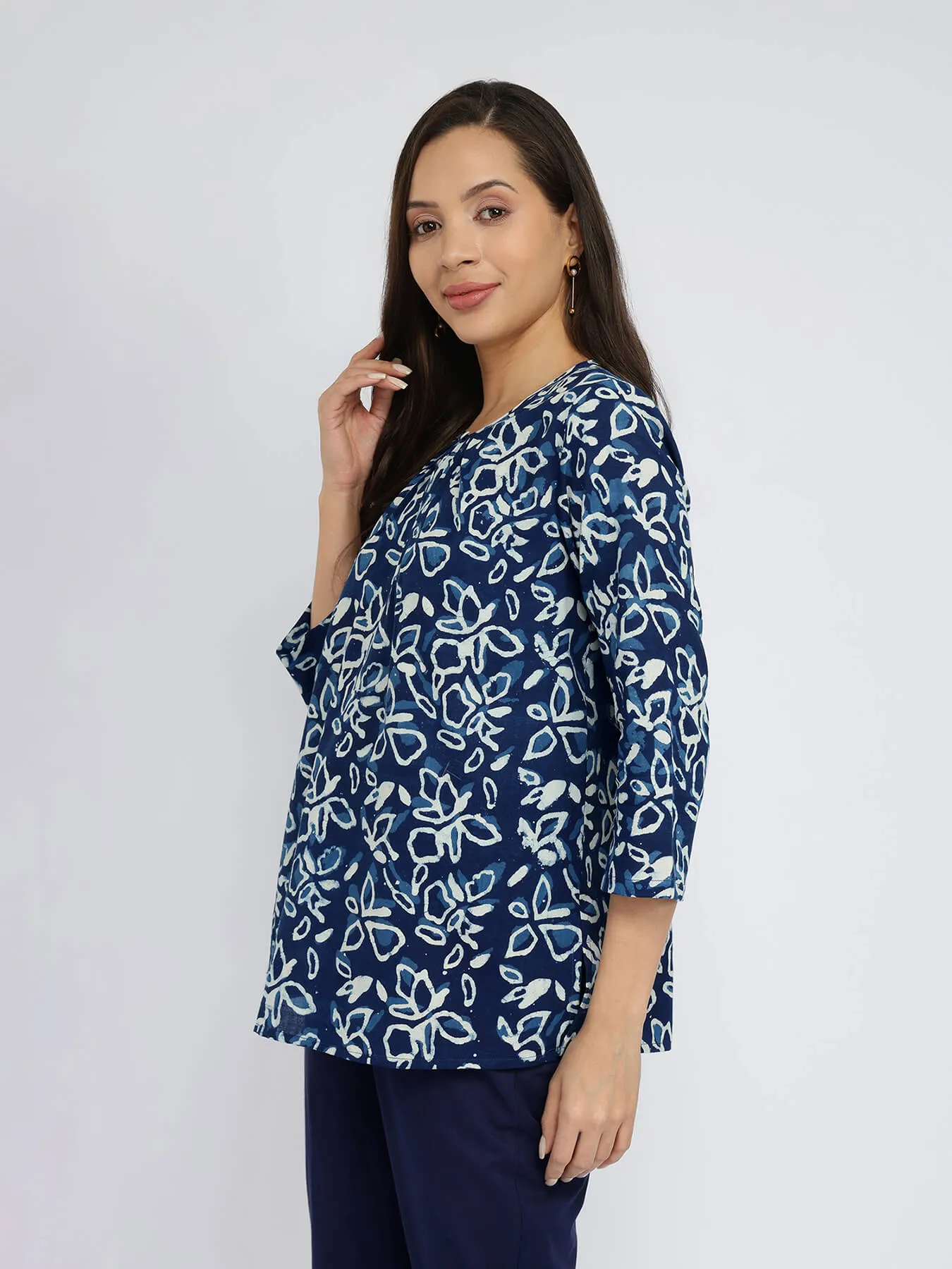 Cotton Dabu Floral Print Top - Indigo