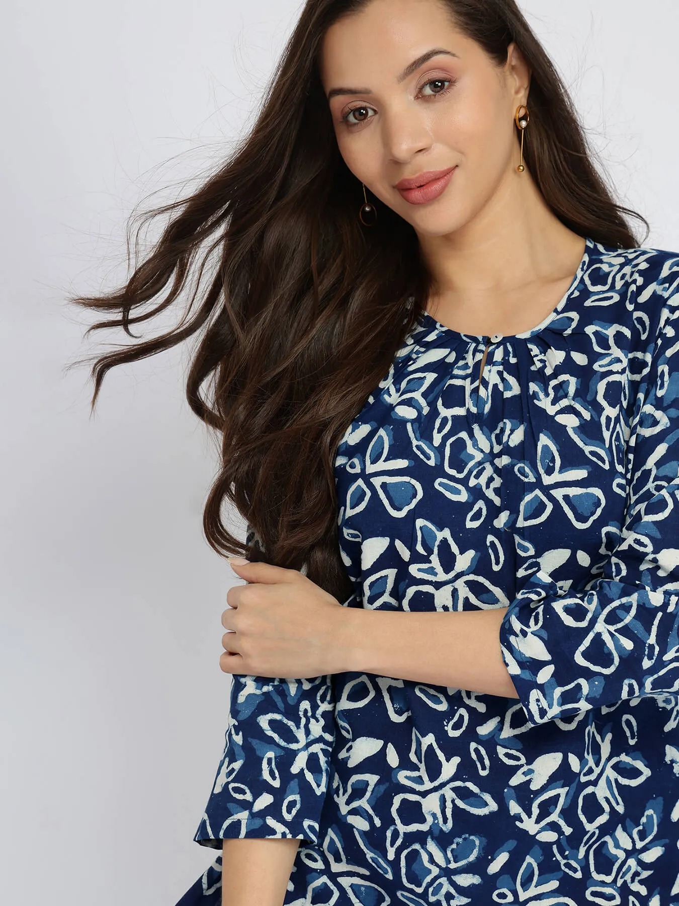 Cotton Dabu Floral Print Top - Indigo
