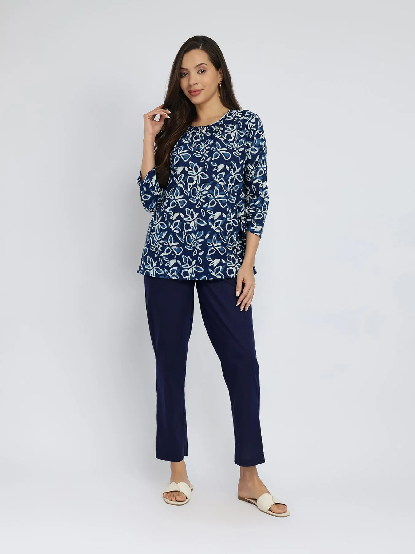 Cotton Dabu Floral Print Top - Indigo
