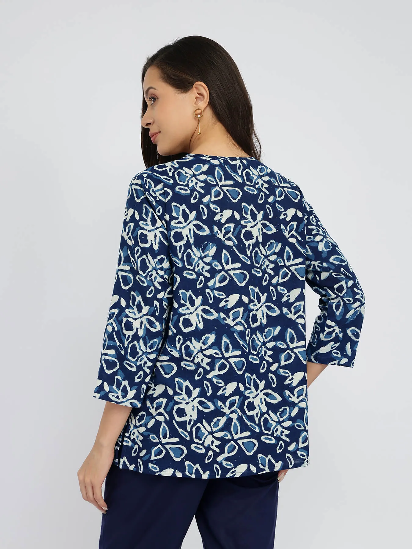 Cotton Dabu Floral Print Top - Indigo