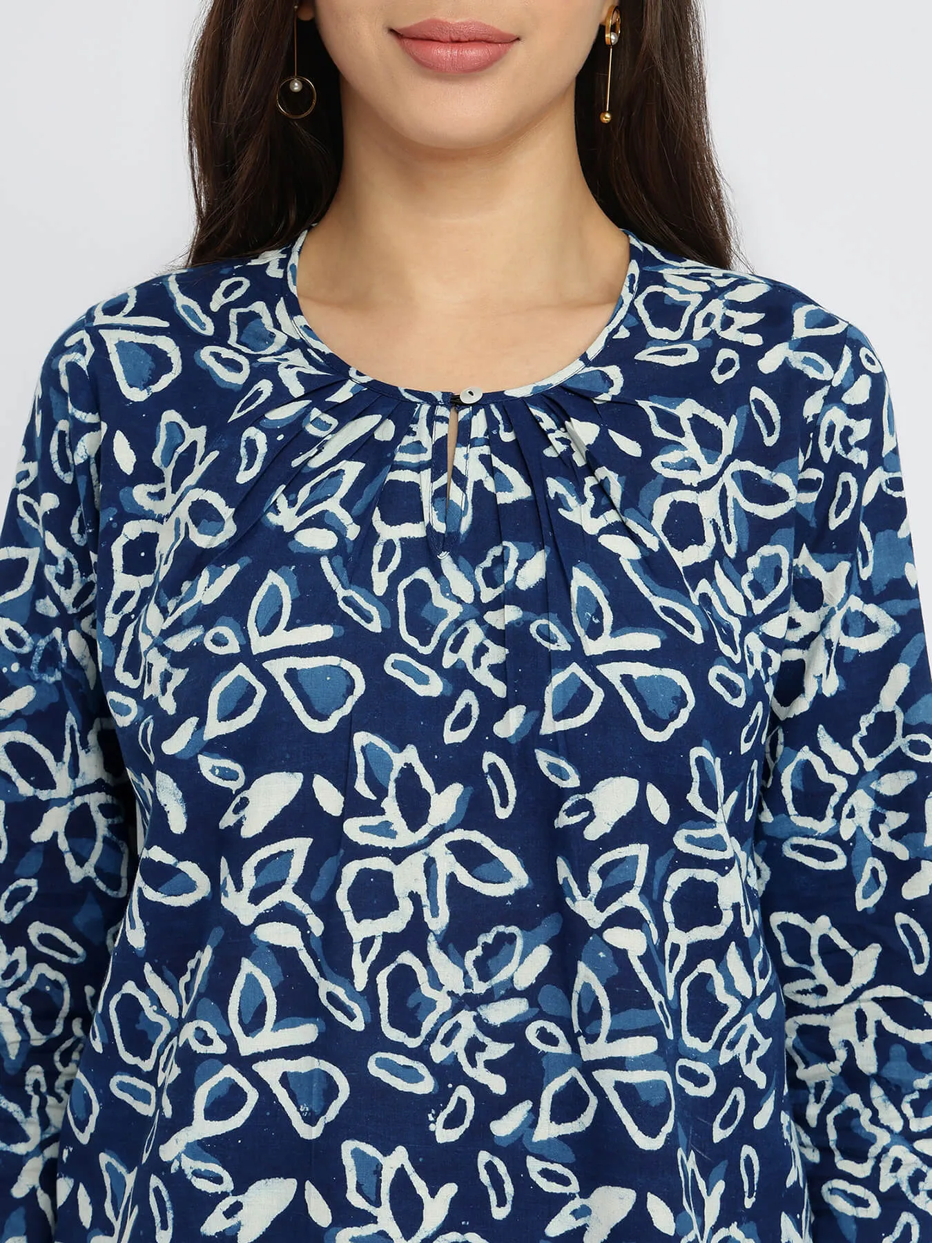 Cotton Dabu Floral Print Top - Indigo