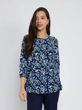Cotton Dabu Floral Print Top - Indigo