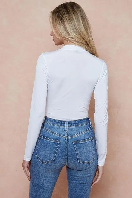 deep v neck twist front long sleeve bodysuit