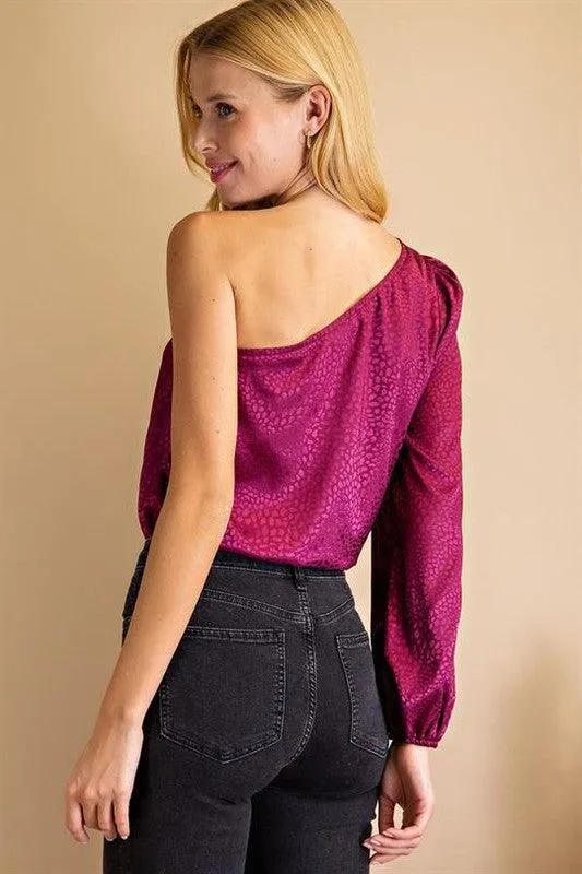 dotted print one shoulder satin bodysuit
