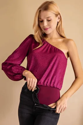 dotted print one shoulder satin bodysuit