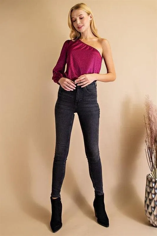 dotted print one shoulder satin bodysuit