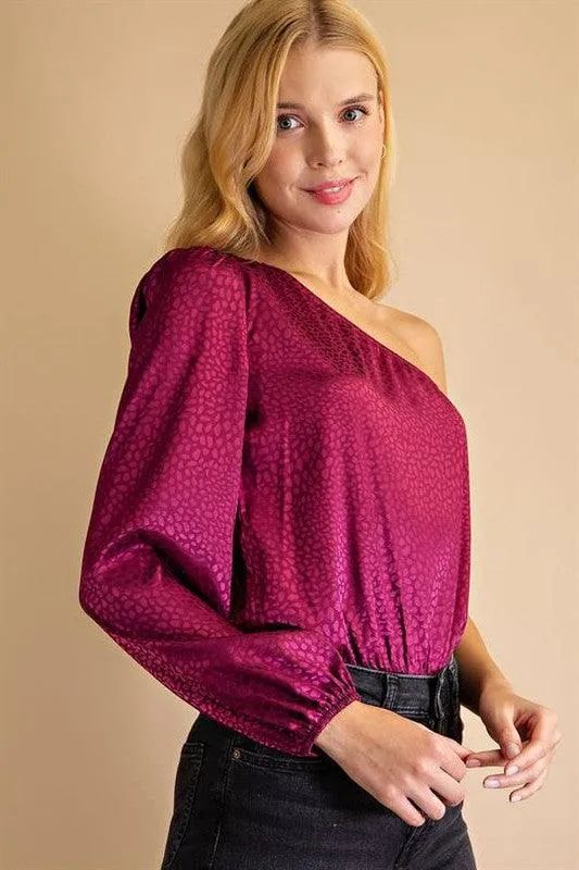 dotted print one shoulder satin bodysuit