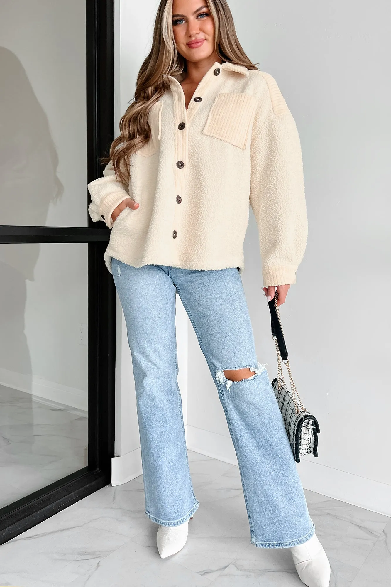 Down Memory Lane Chenille Trim Teddy Shacket (Cream)