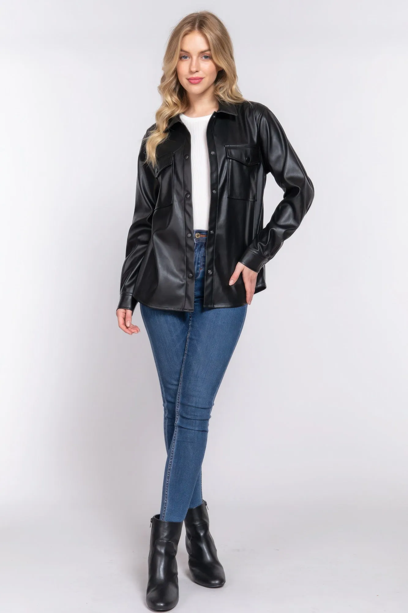 Faux Leather Shirt Jacket