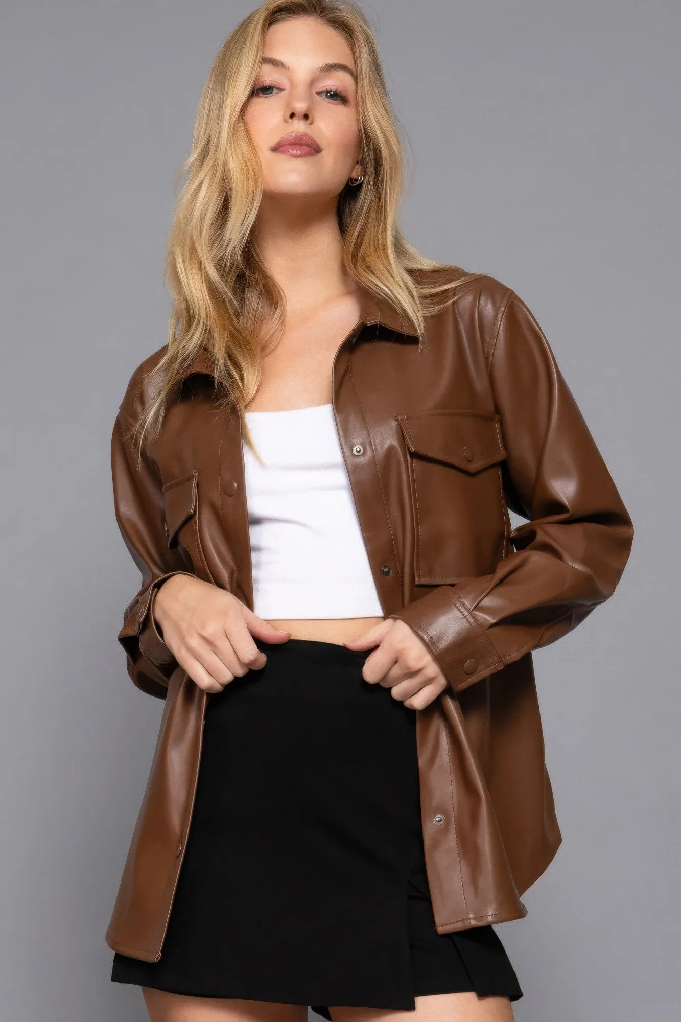 Faux Leather Shirt Jacket