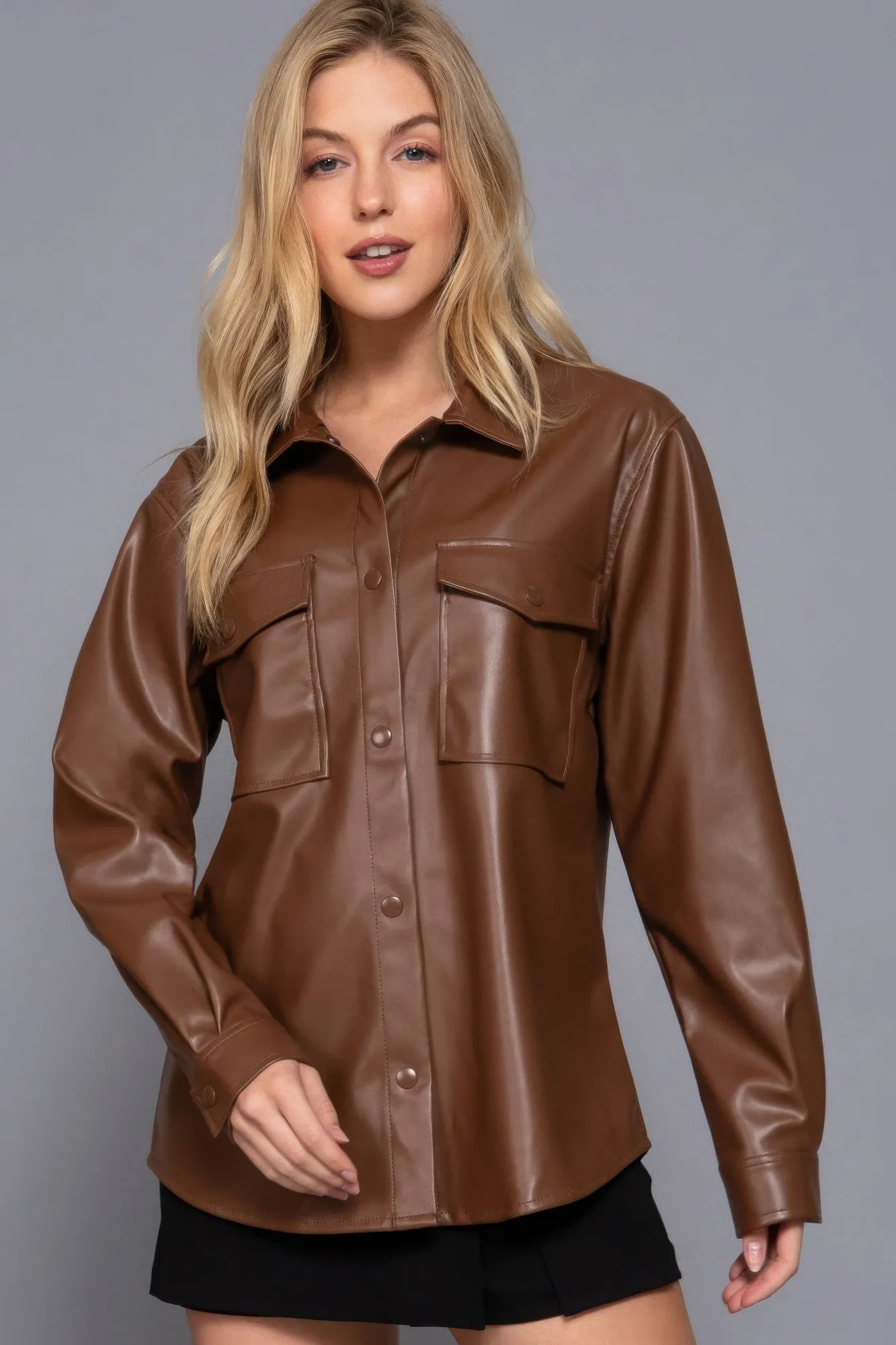 Faux Leather Shirt Jacket