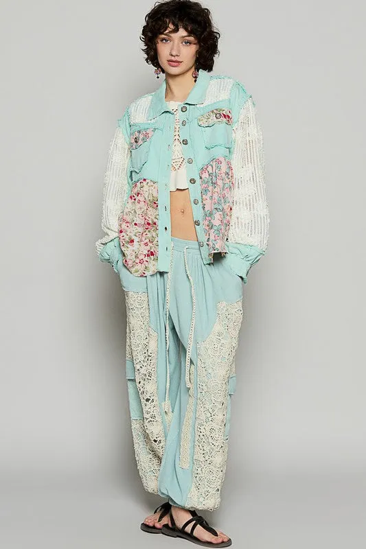 Floral Crochet Lace Frayed Edge Button Up Shacket