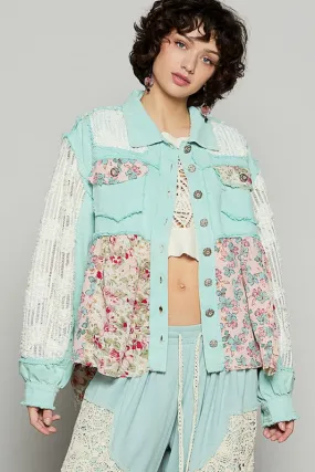 Floral Crochet Lace Frayed Edge Button Up Shacket