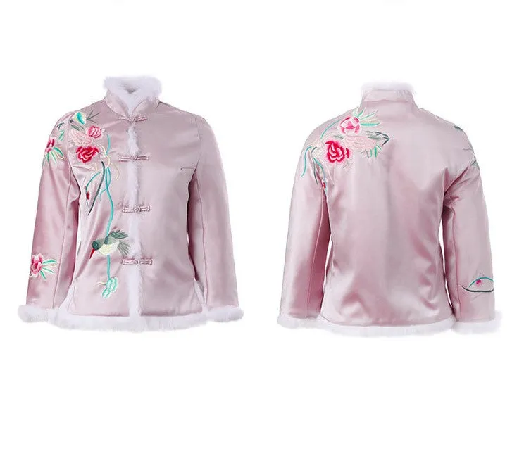 Floral Embroidery Chinese Style Jacket Women's Wadded Coat with Fur Edge
