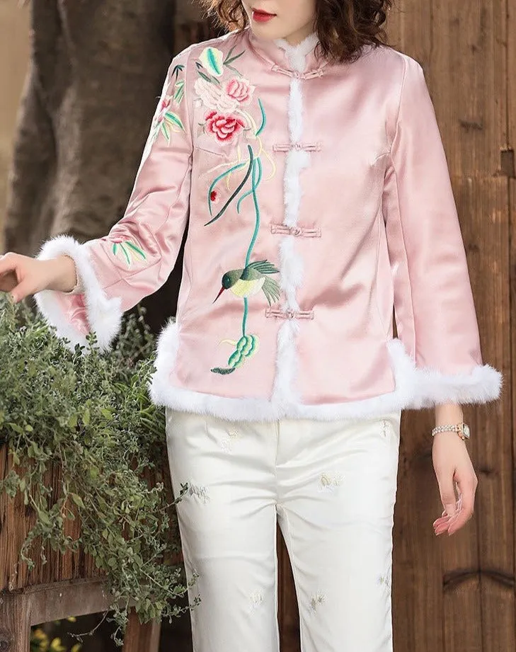 Floral Embroidery Chinese Style Jacket Women's Wadded Coat with Fur Edge