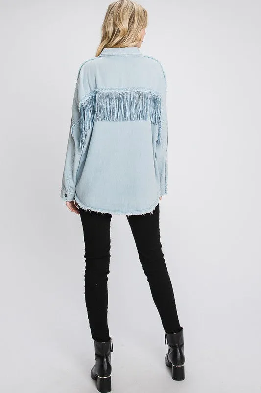 Fringe Shacket with frayed detail.