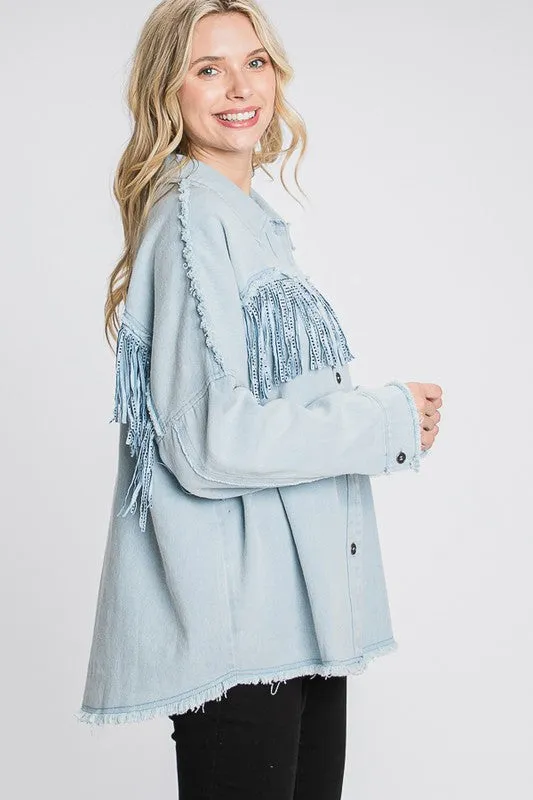 Fringe Shacket with frayed detail.