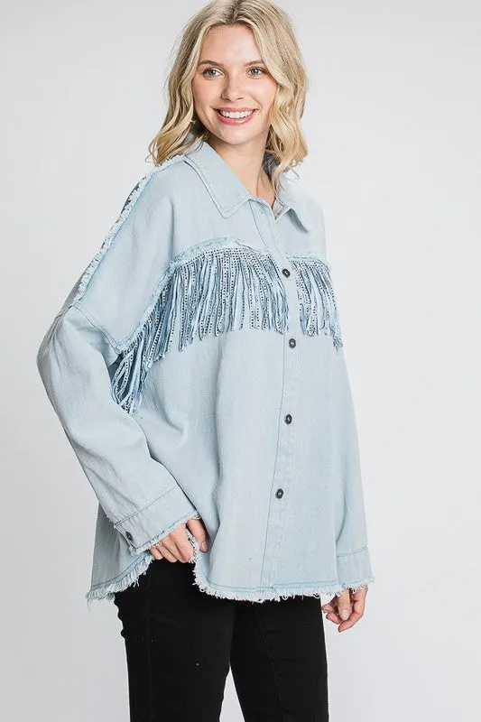 Fringe Shacket with frayed detail.