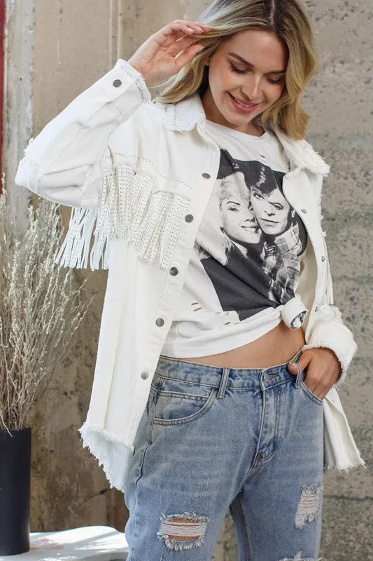 Fringe Shacket with frayed detail.