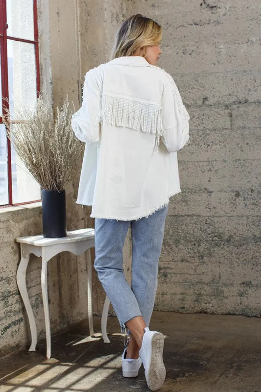Fringe Shacket with frayed detail.