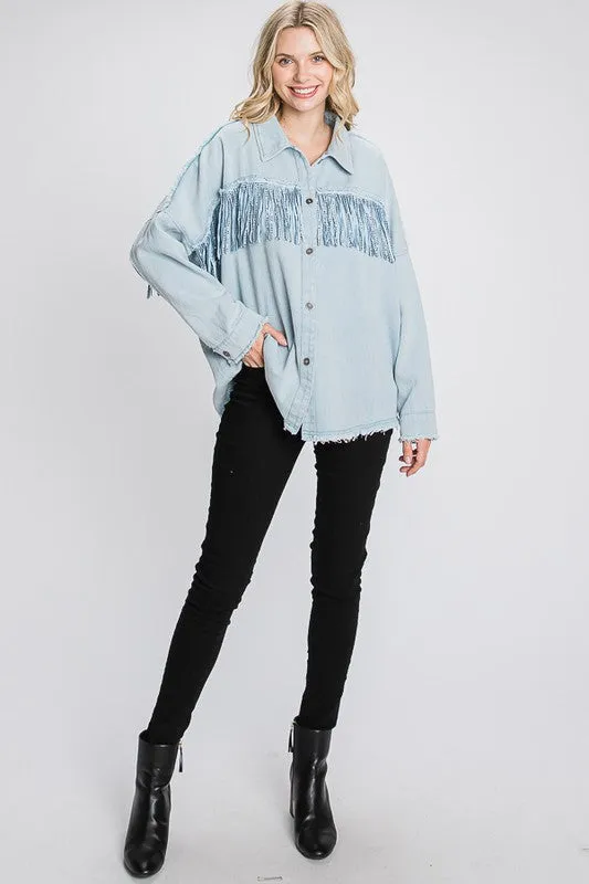 Fringe Shacket with frayed detail.