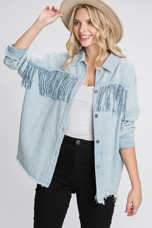 Fringe Shacket with frayed detail.